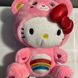 Hello Kitty Pink Plush in Rainbow Bear Outfit with Red Bow